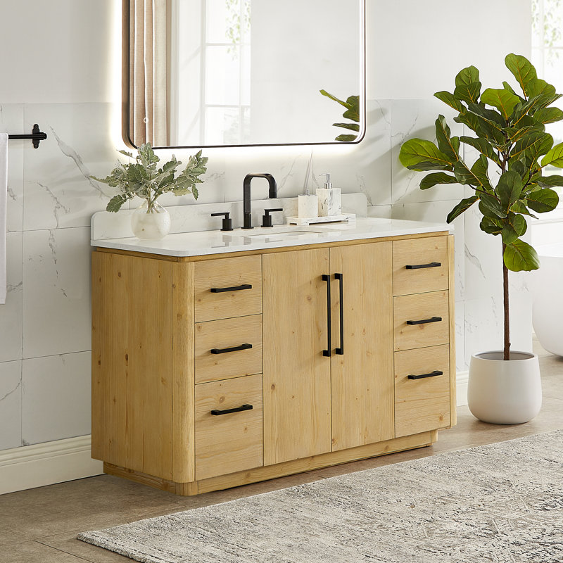 Lewistown 54" Single Bathroom Vanity in Nature Brown with Grain White Engineered Stone Countertop without Mirror