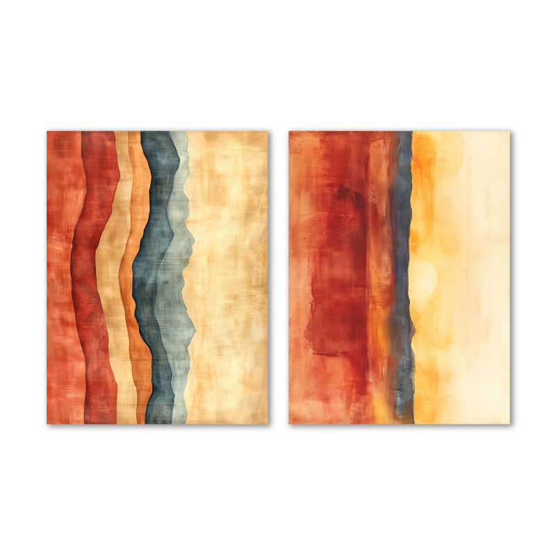 «Desert Horizon in Rust and Clay - Orange Abstract», reproduction d'art murale en métal 2 pièces, 32" H x 48" W