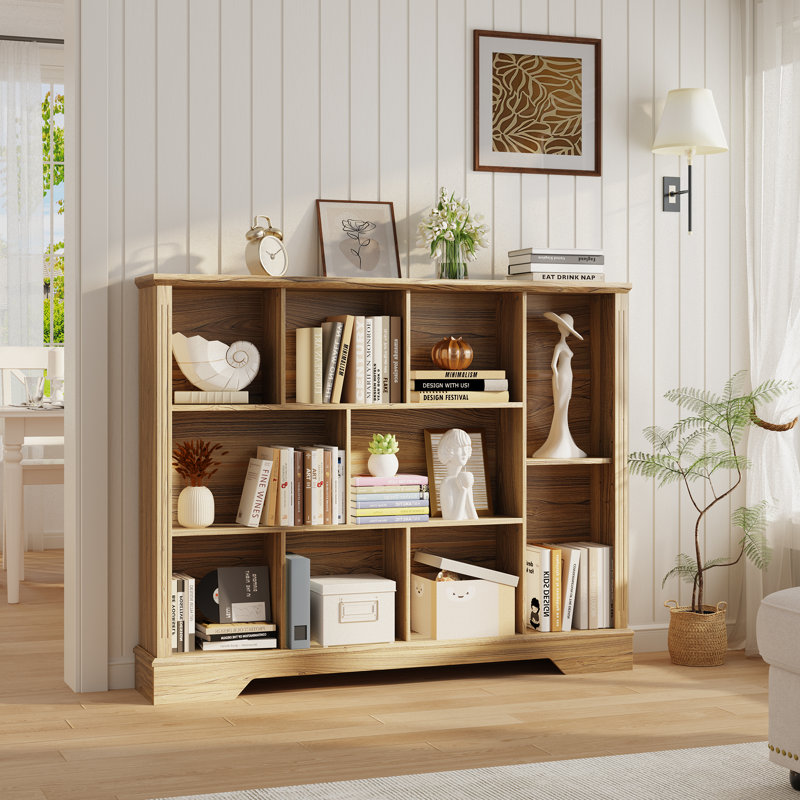 10-Cube Farmhouse Cube Bookcase With Fluted Front Trim For Living Room, Brown