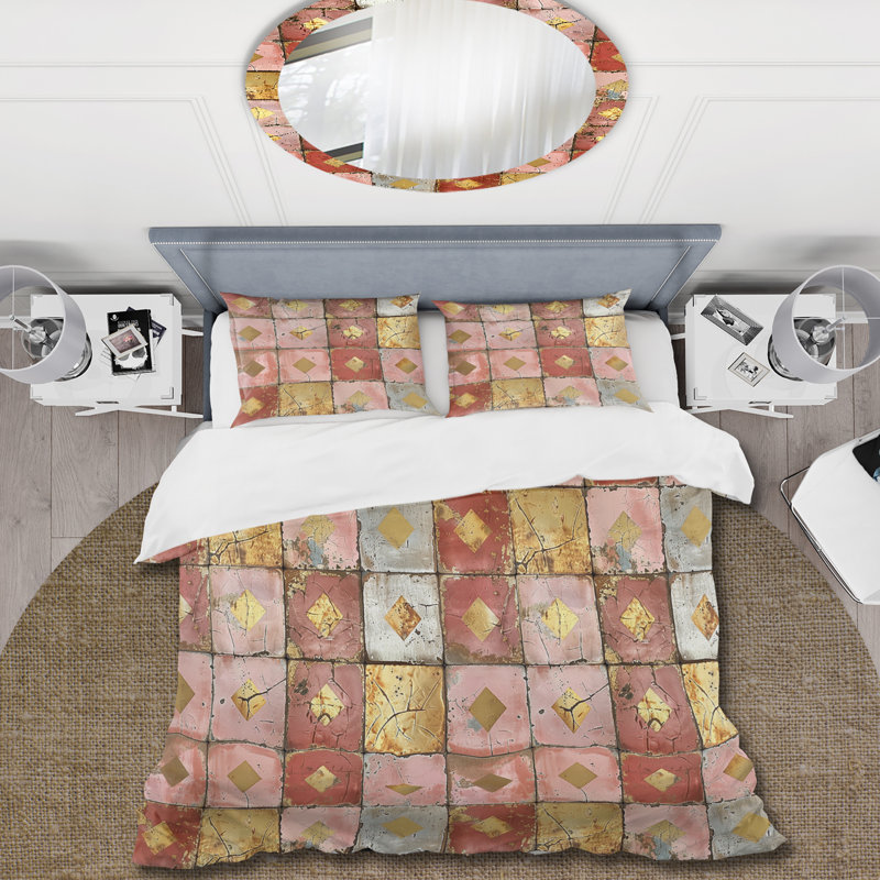 Ensemble de housse de couette rustique rose et doré I - Farmhouse, Housse de couette simple + 2 taies décoratives st