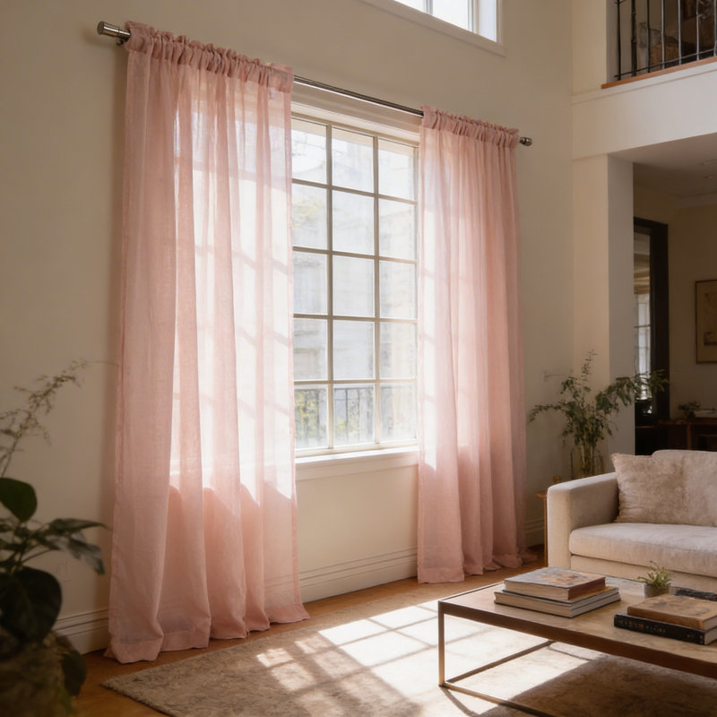 Paire de rideaux semi-transparents avec passe-tringle Rayna, Rose, L 52 po x L 96 po