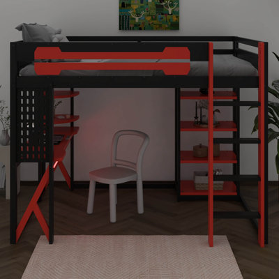 Lit mezzanine double avec bureau, lumière à DEL RVB et station de charge, lit en bois avec bureau en dessous