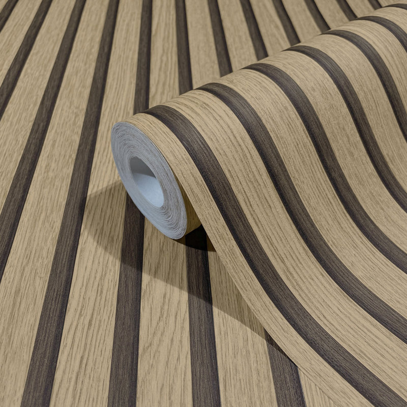 Ninti Industrial Effects Stripe Wood Panel Wallpaper Roll 10.05cm x 53cm, Brown/Black