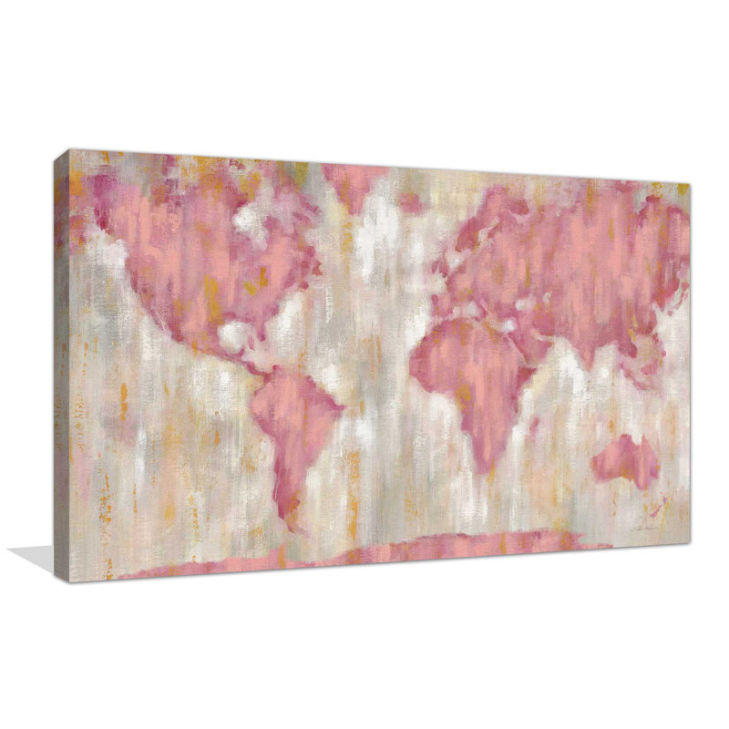 «Blush World Map V2 Crop», reproduction de peinture acrylique sur toile, H 18 po x l 30 po x P 1 po, Toile tendue