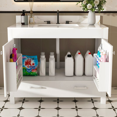 Meuble-lavabo moderne de 43 po avec plateau en marbre artificiel, rangement multifonctionnel et structure solide durable