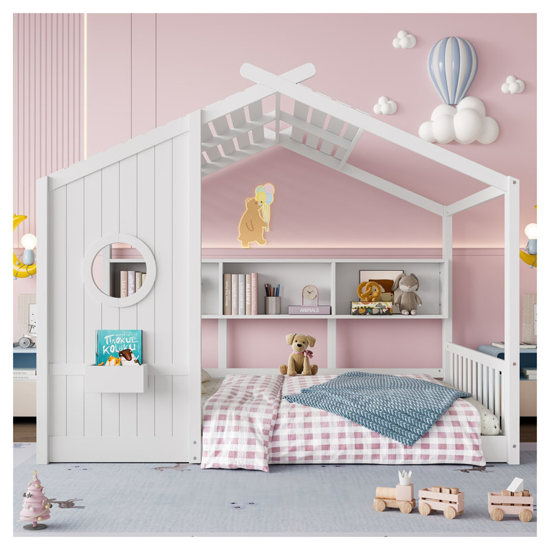 Lit double blanc pour enfants avec toit et tablette de rangement Montessori