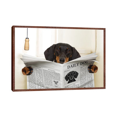 Dog On Toilet Seat Reading Newspaper III - Print on Canvas