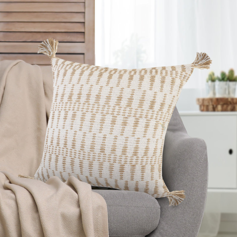 Ivory and Tan Ikat Jute Tasseled Throw Pillow, 20" x 20"