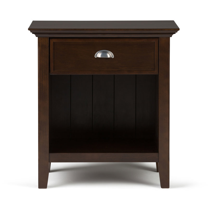 Table de chevet transitionnelle en bois massif de 24 po de style Acadian avec 1 tiroir, rangement ouvert et quincaillerie en nickel brossé