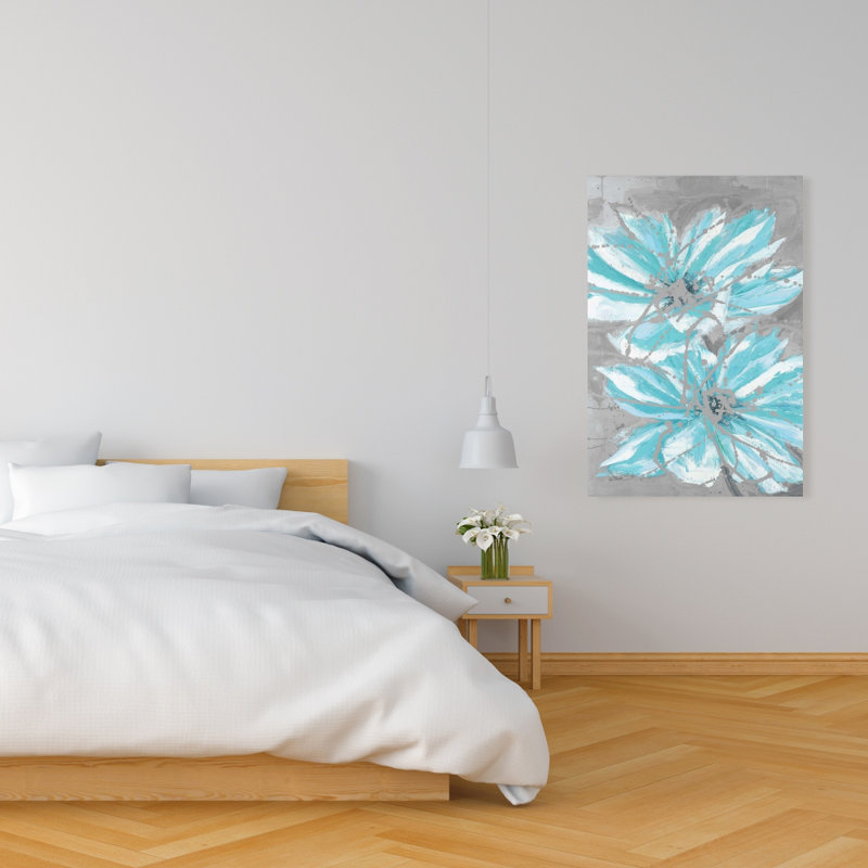 Deux petites fleurs bleues abstraites - art contemporain sur toile, H 24 po x l 36 po