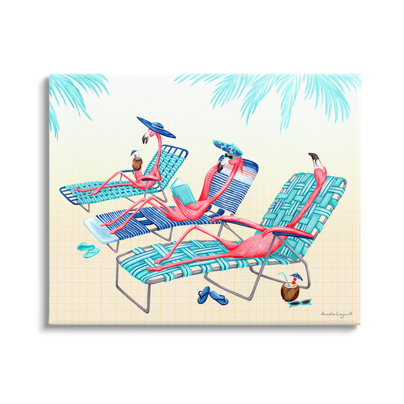 Art mural sur toile surdimensionné avec flamants roses et chaises de plage, H 24 po x l 30 po x P 1,5 po