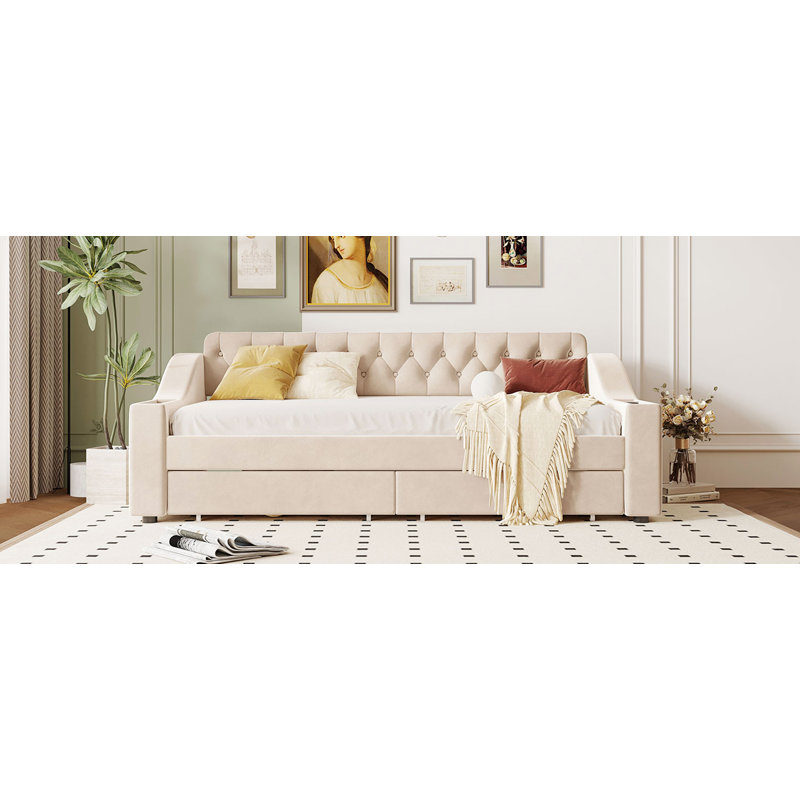Lit de jour simple rembourré avec accoudoirs de rangement et port USB, Beige