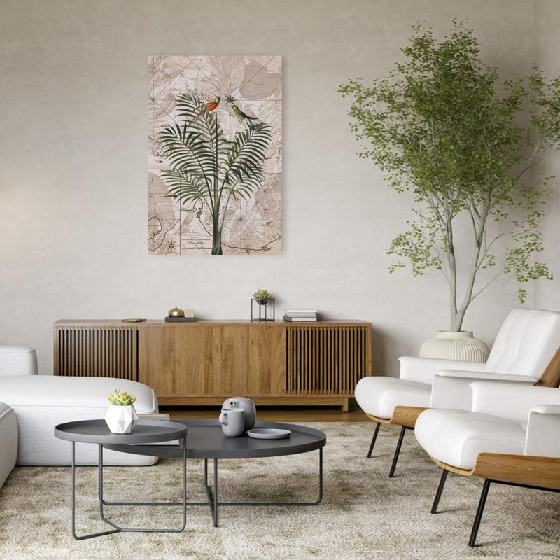 «Tropical Birds on Vintage Map Abstract Rustic Palm Tree Bird Forest Landscape», reproduction d'art mural, 48" H x 32" W