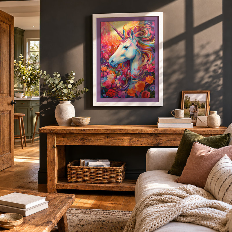 Unicorn Dreams Boho 1 Piece Single Picture Frame Wall Art, A1 - 84.1 x 59.4 cm, White