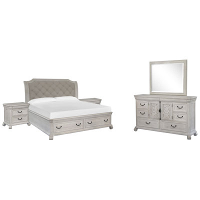 Grand lit-bateau de rangement avec tables de chevet et commode avec miroir de paysage Insa