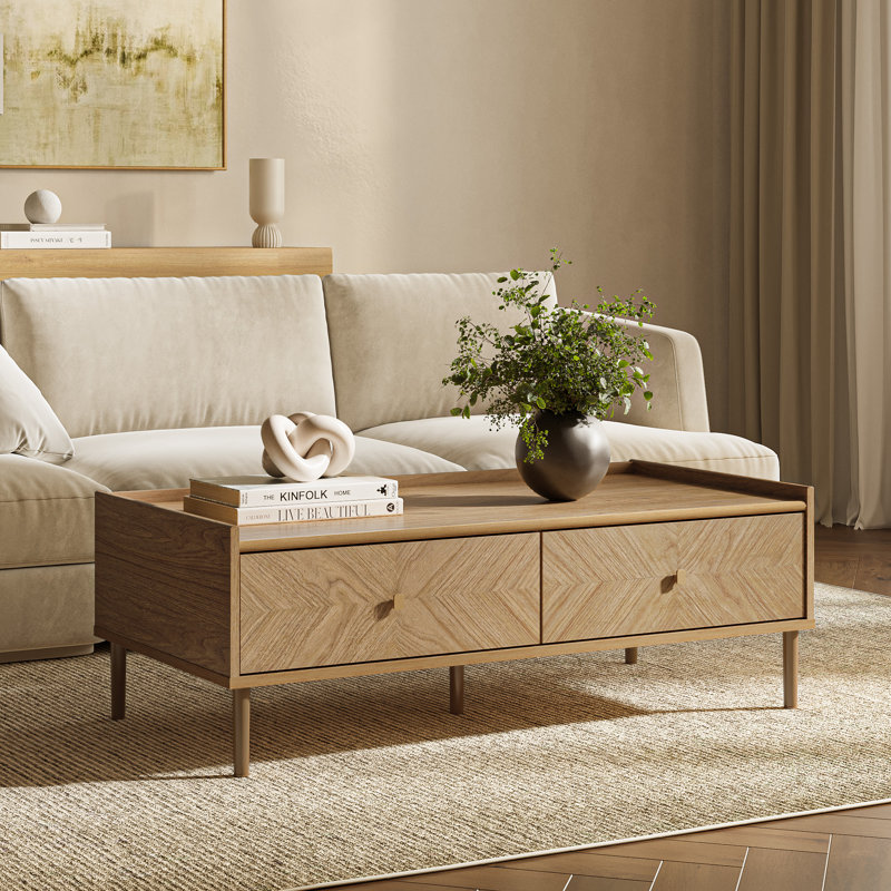 Table basse 47,1 po Mid Century Modern, table basse en bois naturel avec 2 tiroirs et tablette de rangement
