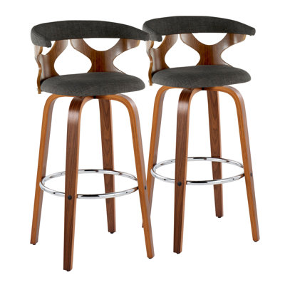 Tabouret de bar 30 po à hauteur fixe Mid-Century avec pivot en bois de noyer et gris anthracite avec repose-pieds rond en métal chromé - ensemble de 2