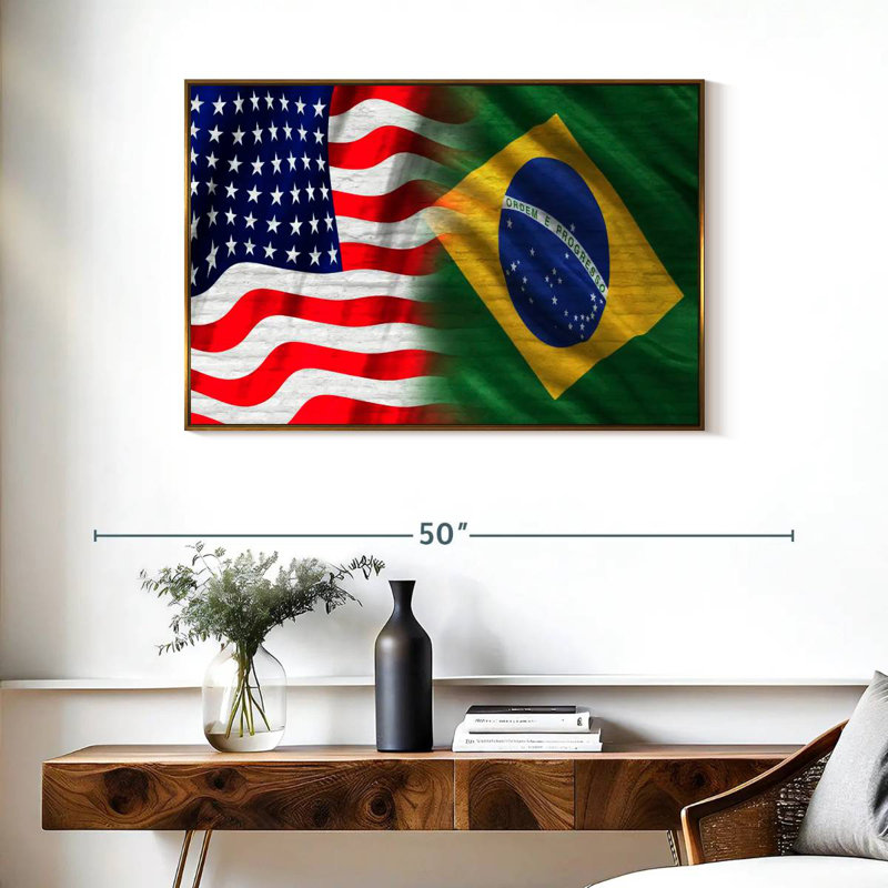 Drapeau des États-Unis et du Brésil, Cadre flottant doré, 37 po x 25 po