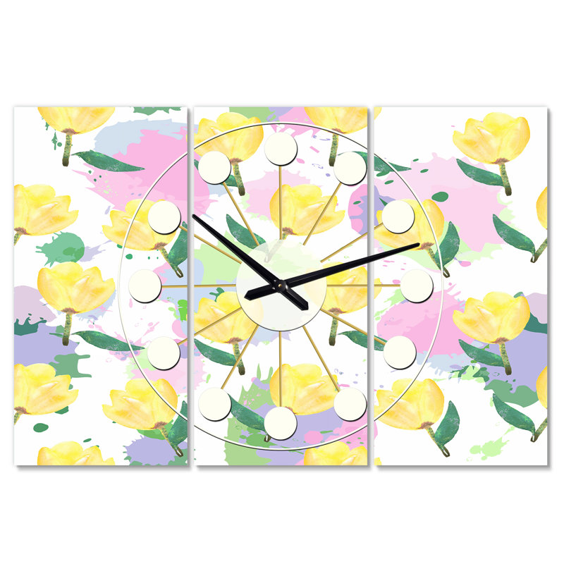 Horloge murale surdimensionnée avec fleurs Mid-Century