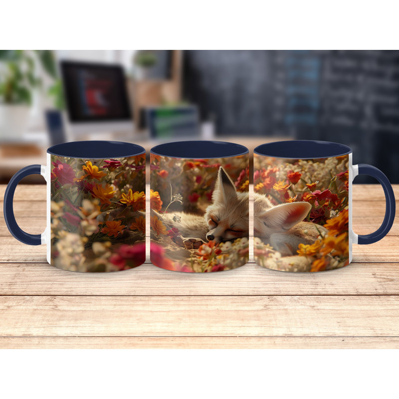 Set of 3 Realistic Animal Design 11oz Accent Mugs – Ceramic Coffee Cups with a Navy Handle and Interior