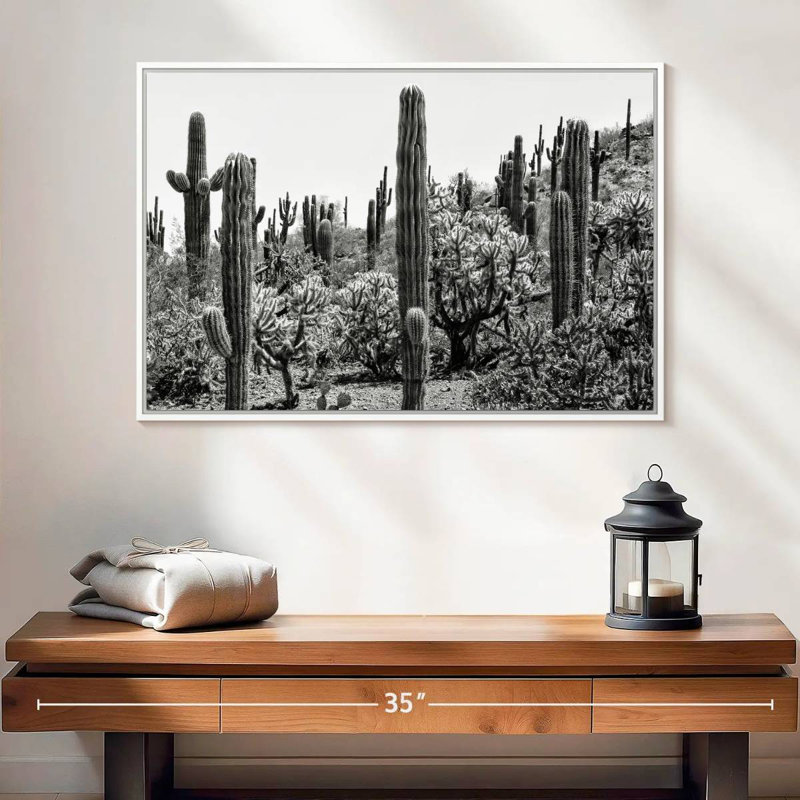Arizona noir - Cactus étonnant I, 25 po x 17 po, Cadre flottant blanc