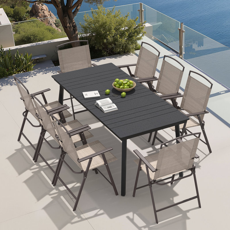  8 - Person Metal Patio Diining Set With Foldable Chairs And Umbrella Hole, Black, Beige