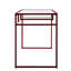 Bureau avec plateau en verre de 5 mm, structure en métal et compartiment de rangement ouvert.