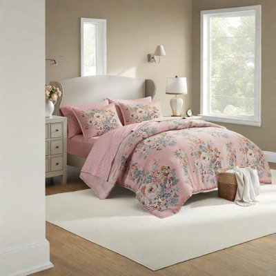 Ensemble de literie élégant pour très grand lit californien 7 pièces, motif floral rose en polyester pour le confort de la maison