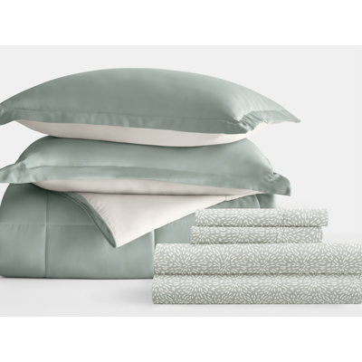 7-Piece Reversible Bedding Bundle - Solid Comforter and Patterned Sheet Set