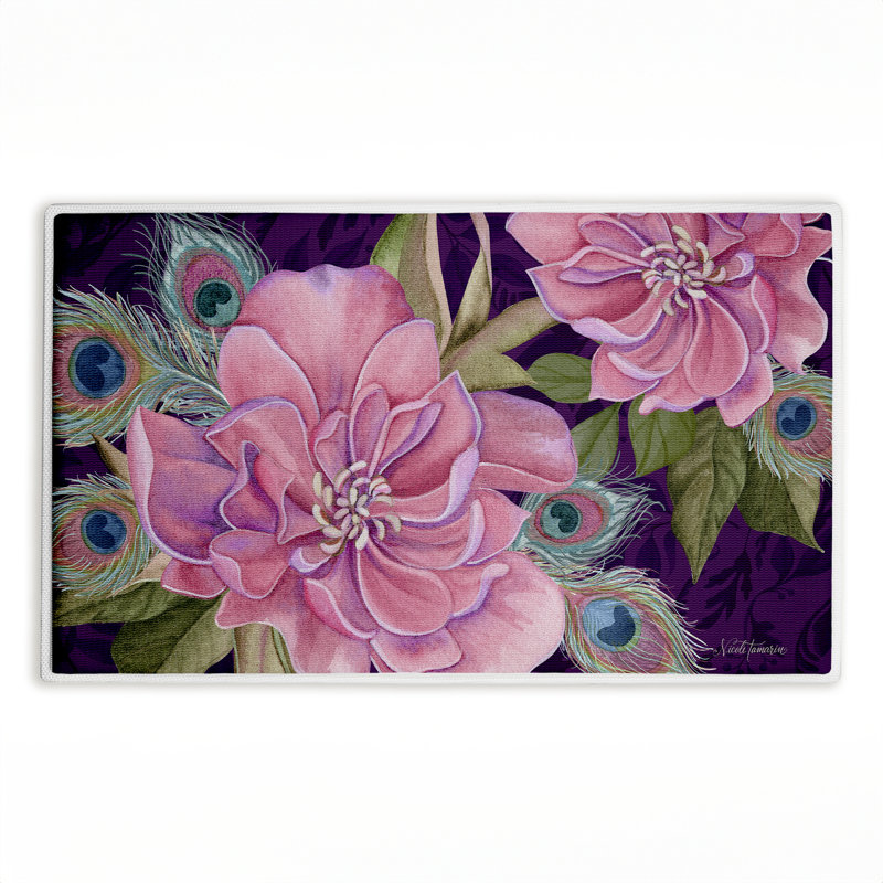 Tapis de bain en peluche à motif de plumes de paon Midnight Garden, par Nicole Tamarin, 18 po x 30 po