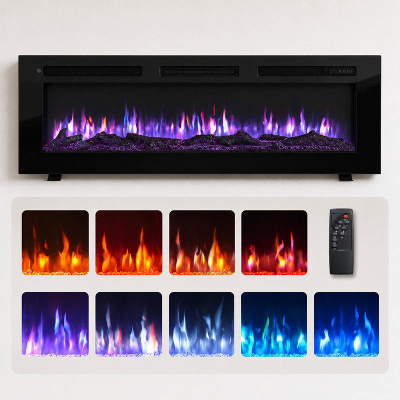 FLAMEKO Wilton Electric Fireplace, Wall Mounted, Recessed, Logs & Crystals Included, 9 Colour Flame Effect, 1.8kW Heater