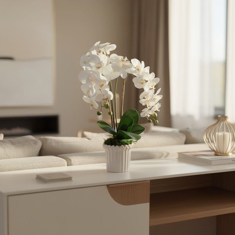 Arrangement d'orchidées dans un vase cannelé