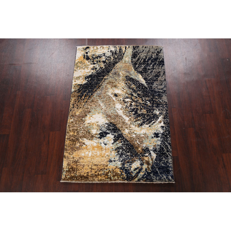 Tapis unique en laine / soie noué à la main de style nouvel âge 4 pi 1 po x 6 pi 1 po ivoire / bleu marine / brun