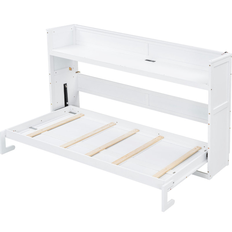 Lit simple TG avec bureau, lumières DEL,. Blanc. Fabriqué en bois massif et pour un bureau à la maison fonctionnel ou une chambre d'amis de couleur blanche. Produit par Stylish