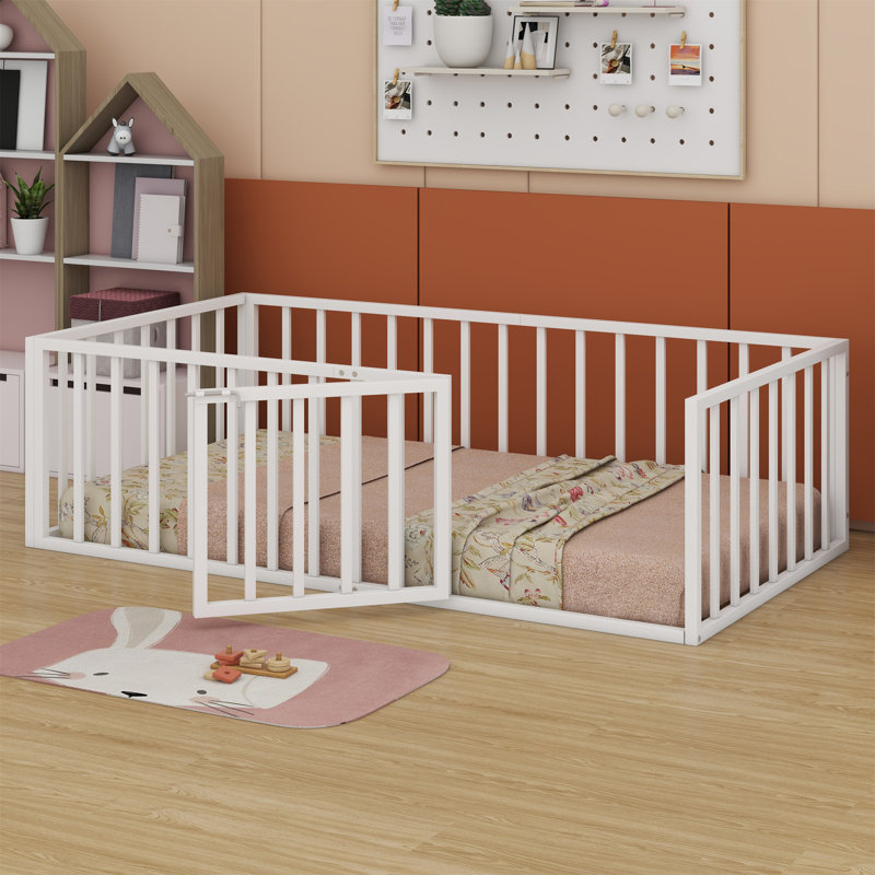 Haryuvraj Floor Bed Frame with Fence and Door, Queen, White