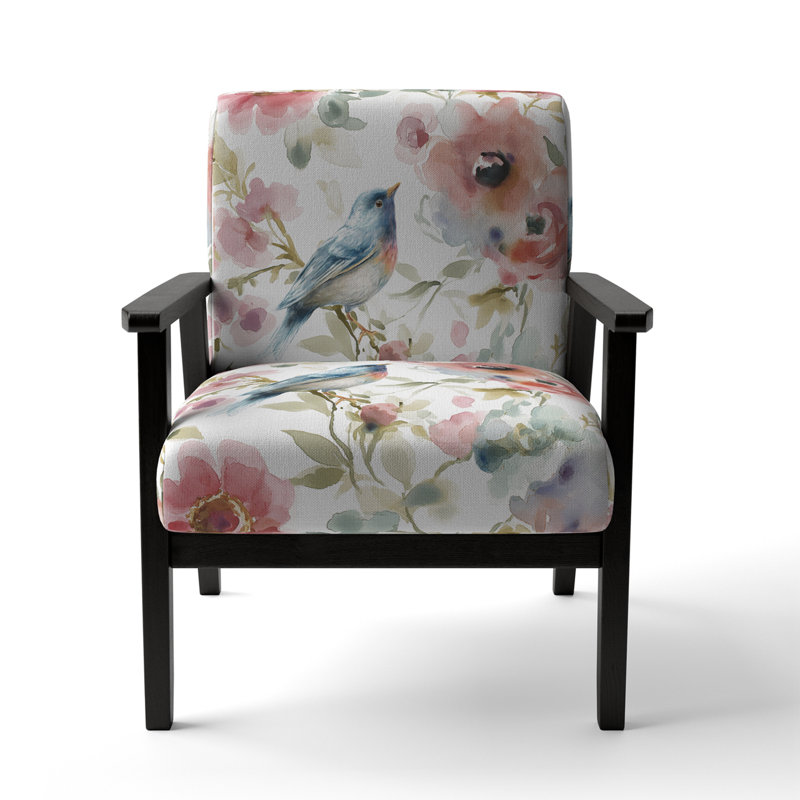 Fauteuil d'appoint rembourré Beautiful Bird Romance I, Mélange de polyester blanc, Noir