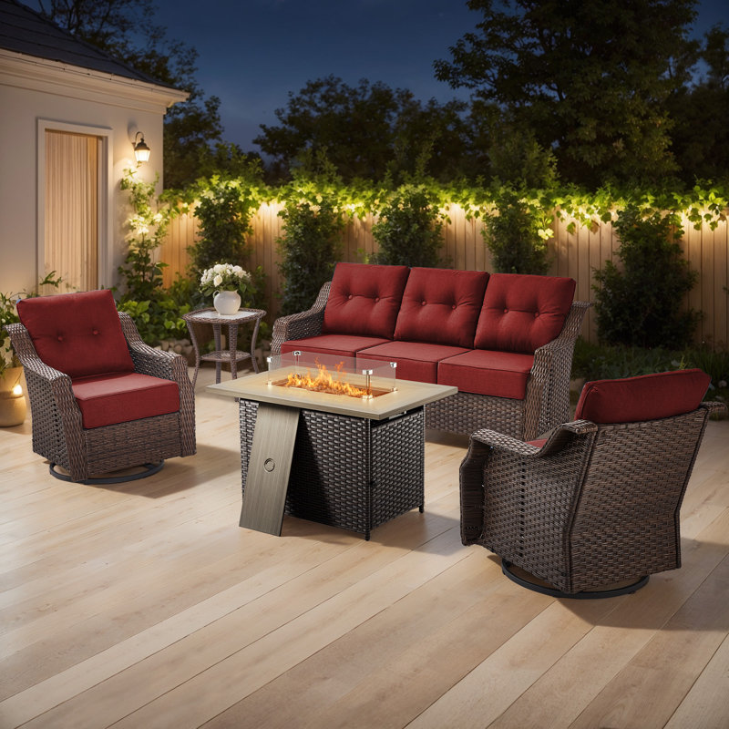 Sami 5-Piece Wicker Patio Furniture Set With Fire Pit Table, 6-Inch Ultra Thick Cushioned 360° Swivel Glider Chairs, Red