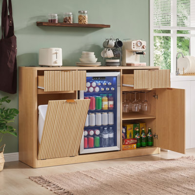 Coffee Bar Cabinet with Fridge Space & Tilt-Out Trash Cabinet, Mini Fridge Wine Cabinet with Storage/Charging Station, Fluted Buffet Sideboard with Glass Holder for Dining Room