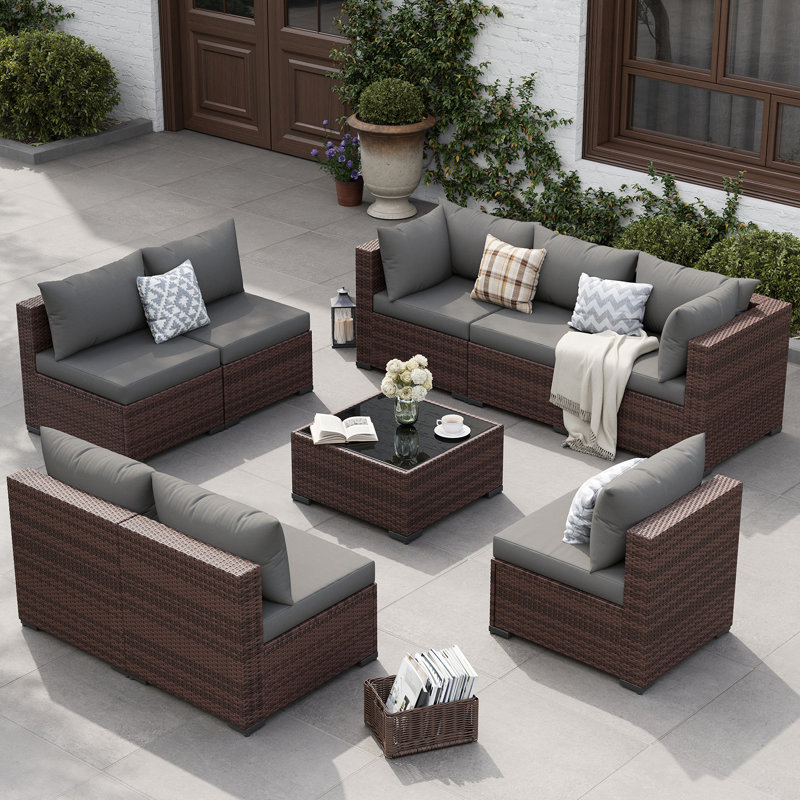 Ensemble de conversation modulaire en rotin 9 pièces avec coussins 9 pièces, Gris