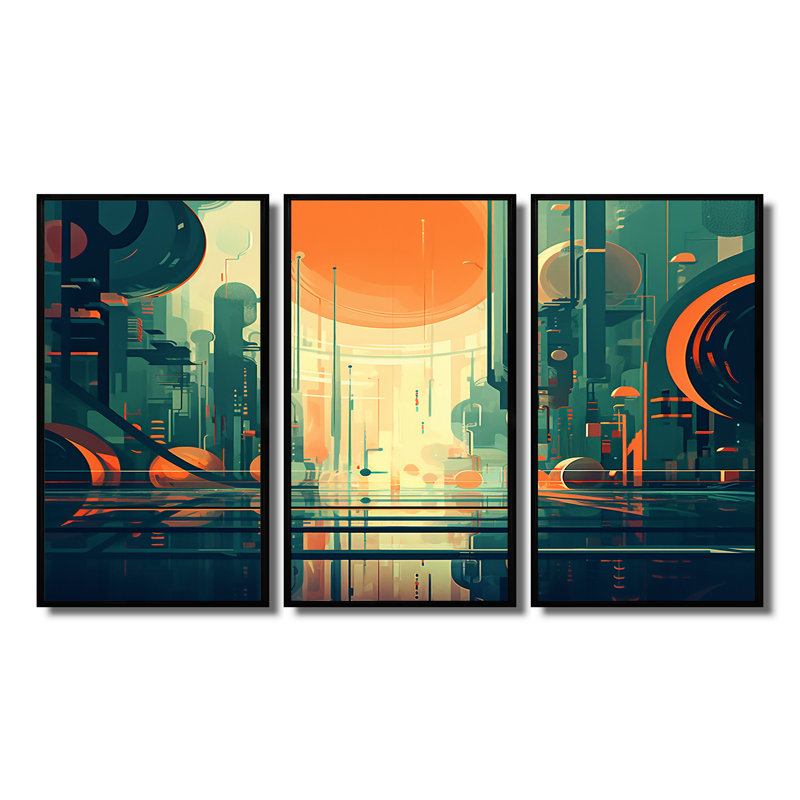 Ensemble d'art mural rétro moderne pleine lune III - Mid-Century, Cadre flottant noir, H 28 po x l 36 po x P 1 po