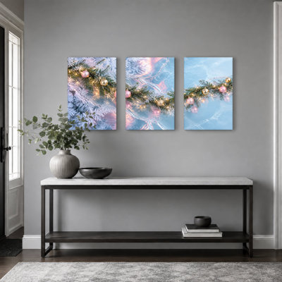 " Frosted Pine Branch With Pink And Gold Christmas " 3 - Pieces