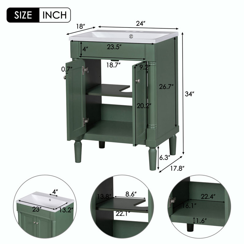 Meuble-lavabo de salle de bain avec lavabo, Vert, Doré
