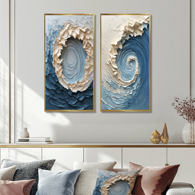 White Oceanic Vortex Accented With Blue I - Abstract Spirals Wall Art 2 Pieces Set