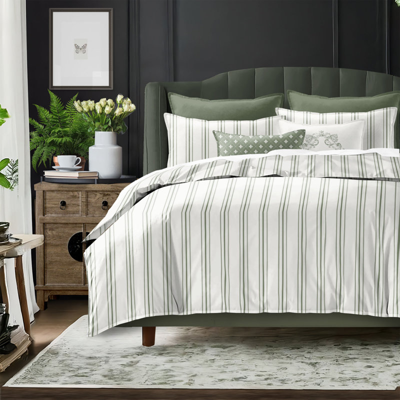 August Stripe Reversible Cotton Duvet Cover Set, Full Duvet Cover + 2 Standard Shams, Sweet Grass
