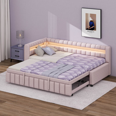 Lit de jour simple très grand avec gigogne, lumière USB et lumière DEL, structure de lit de jour moderne en bois massif extensible avec tête de lit capitonnée en L