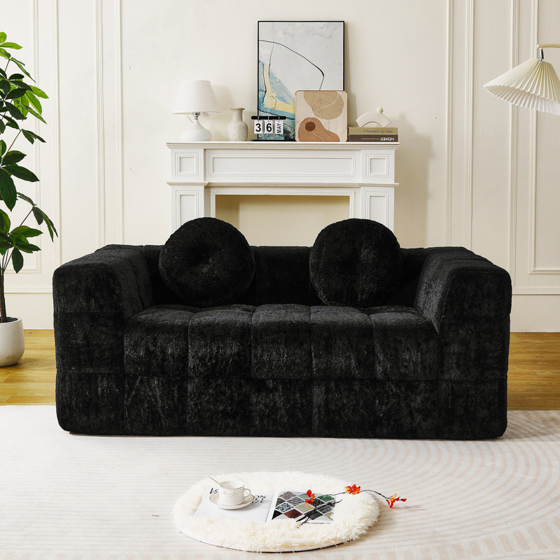Canapé moderne de 66,5 pouces sans os avec deux coussins décoratifs circulaires, tissu en polyester à poils longs texturé litchi doux pour la peau, canapé à carreaux en mousse à deux places
