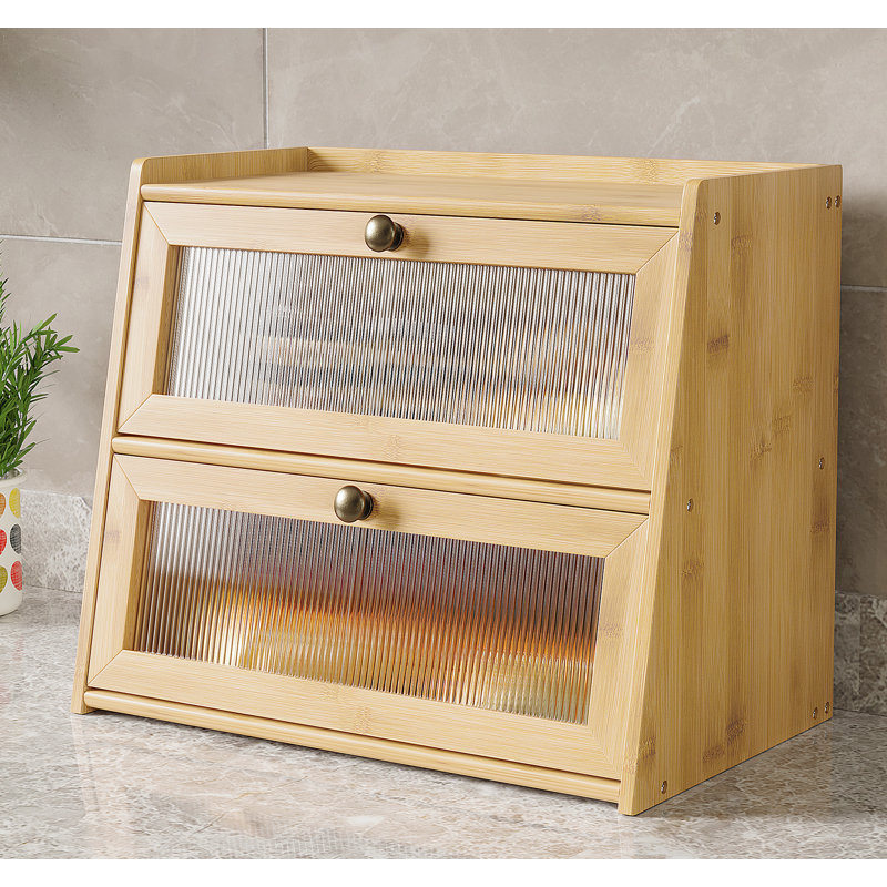 Double Layer Large Bamboo Bread Box For Kitchen Counter, Wooden Large Capacity Bread Storage Bin With Window Bread Holder (Brown)