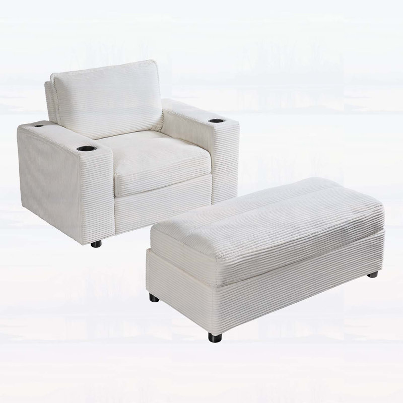 Chaise longue avec repose-pieds avec rangement, canapé-lit avec porte-gobelets et port de chargement USB, Beige