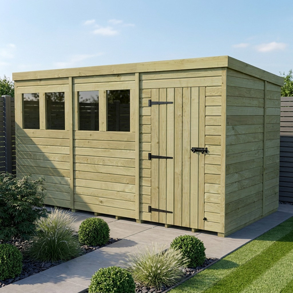 Total Sheds 12ft x 7ft Pent Garden Shed - Single Door - With Windows - Pressure Treated Timber - UK Manufactured