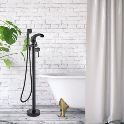 Mosson Modern Matte Black Round Freestanding Bathtub Faucet, Floor Mount Tub Filler with Curved Spout, Single‑Handle and Solid Brass Round Hand Shower for Clawfoot Tubs